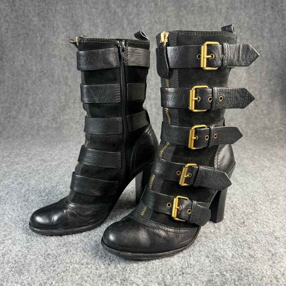 Marc by Marc Jacobs Black Leather Suede Multi Buckle Strap Block Heel Boots 37.5